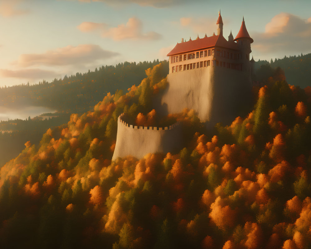 Majestic castle on hill in autumn forest with golden light