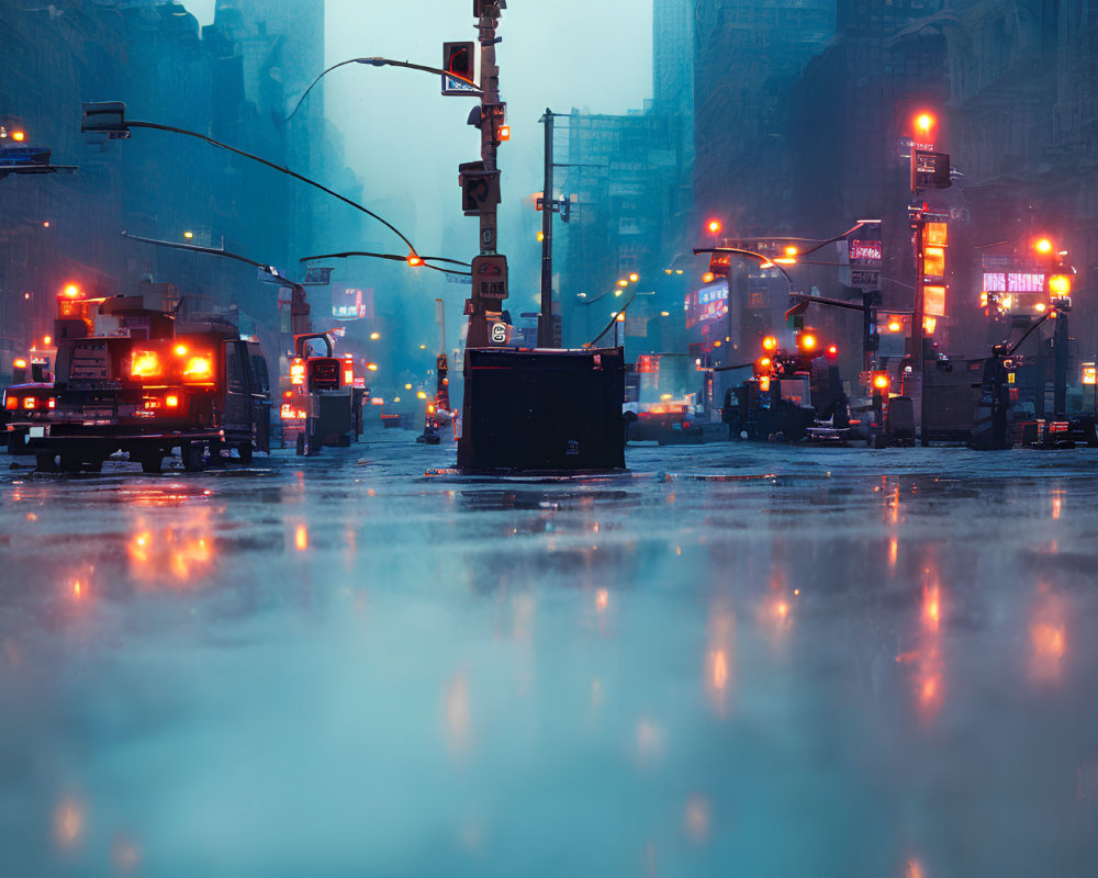 Twilight city street with rain, vehicles, neon signs