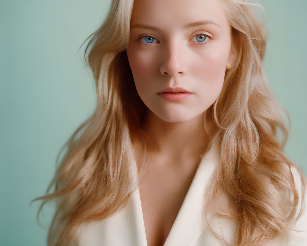 Blonde Woman in White Blazer on Pale Background