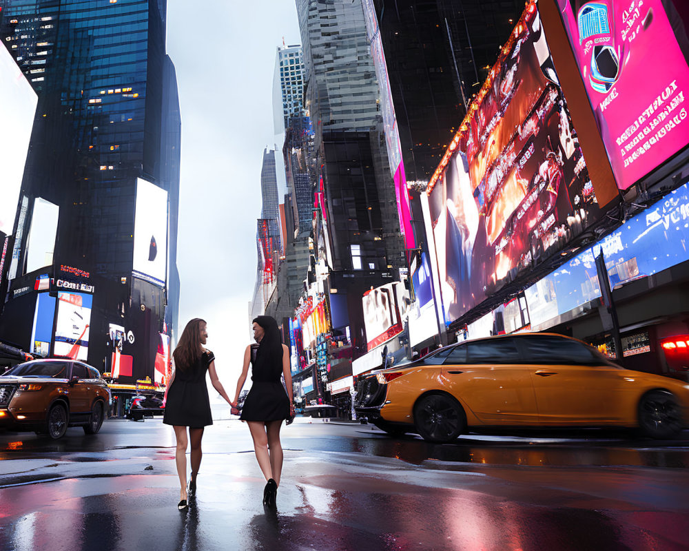 Busy Times Square with Two Women Walking at Night