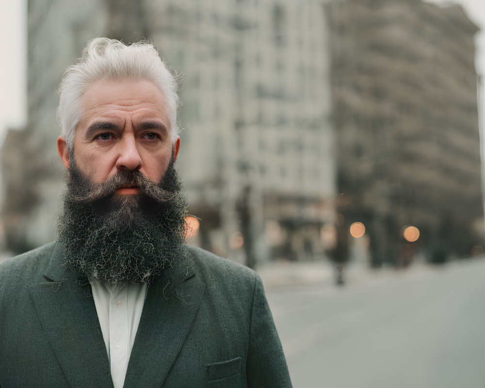 Bearded man in suit on city street with buildings in background