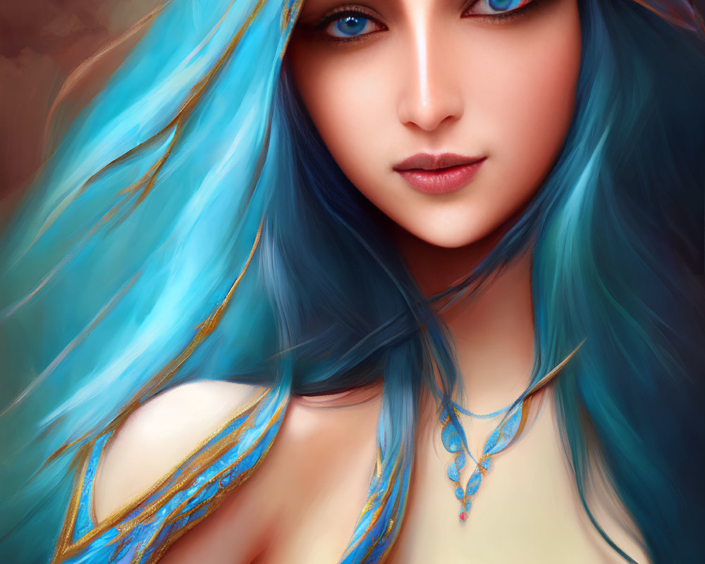 Vibrant blue-haired woman with striking blue eyes in gold and blue attire on warm brown backdrop