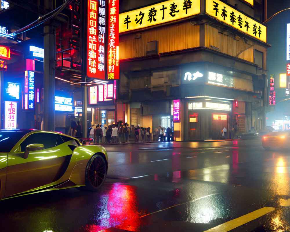 City street at night: Neon signs, sports car, pedestrians.