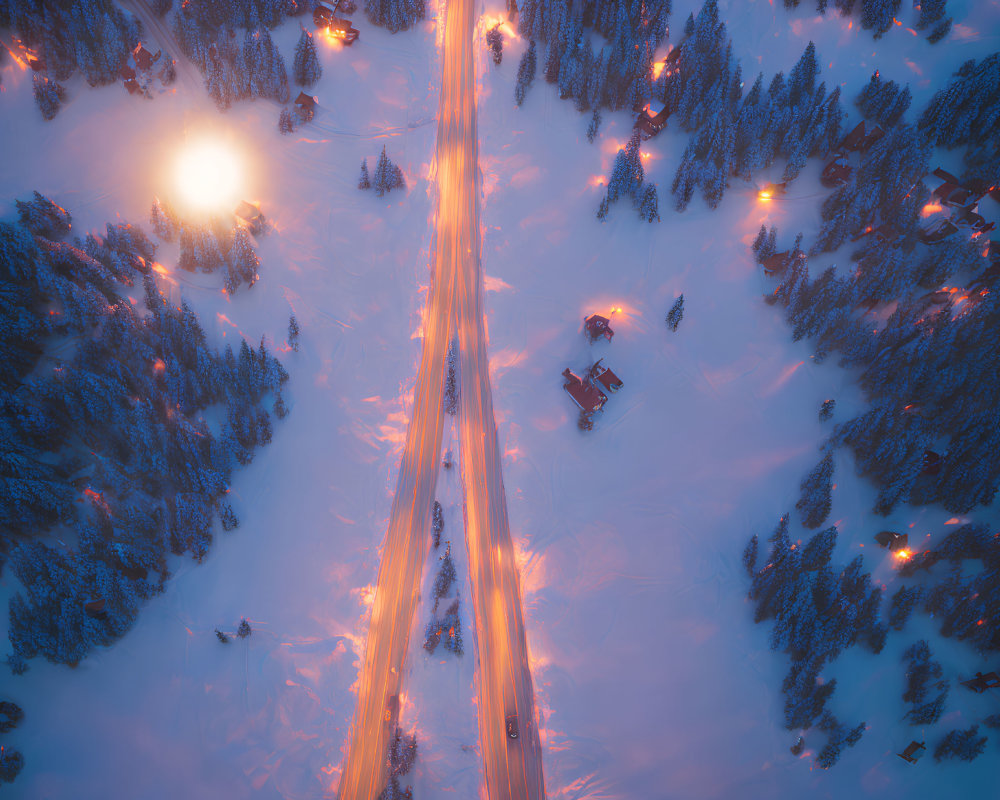 Snowy Landscape at Dusk: Illuminated Roads and Chalets