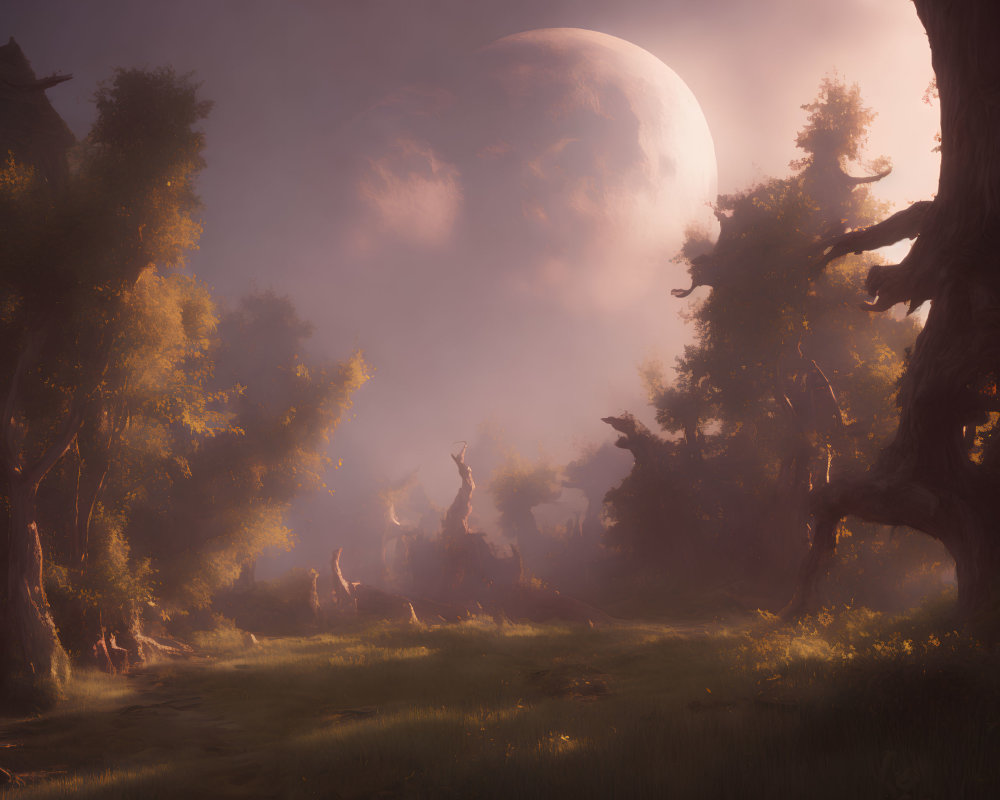 Enchanting forest scene with towering trees and large moon