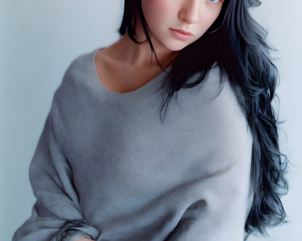 Portrait of woman with long black hair and blue eyes in gray sweater