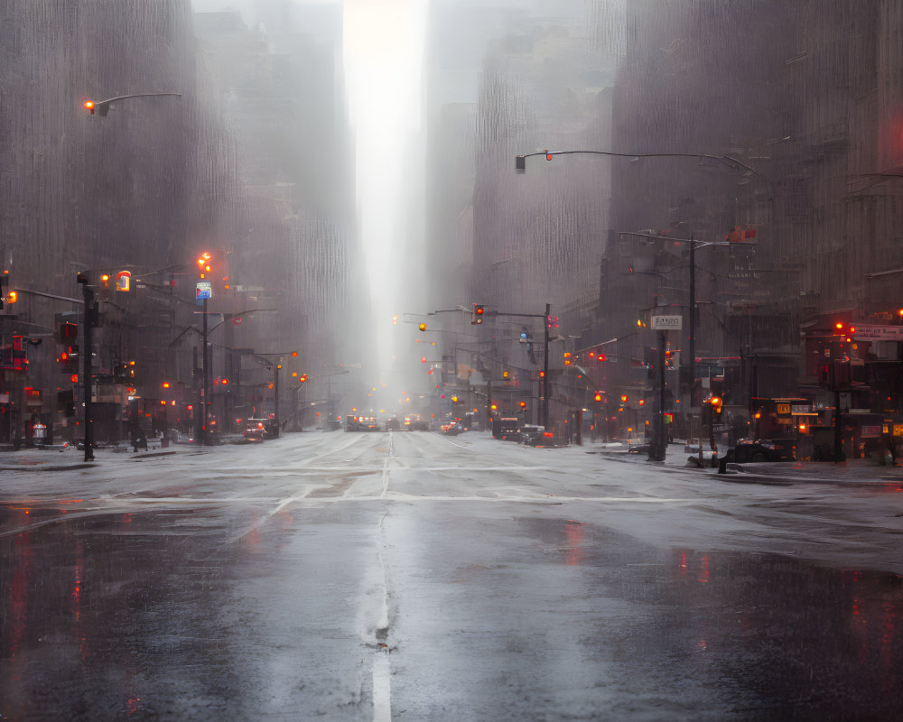 City street in rain with traffic lights and vehicles, surrounded by tall buildings and dramatic light beam