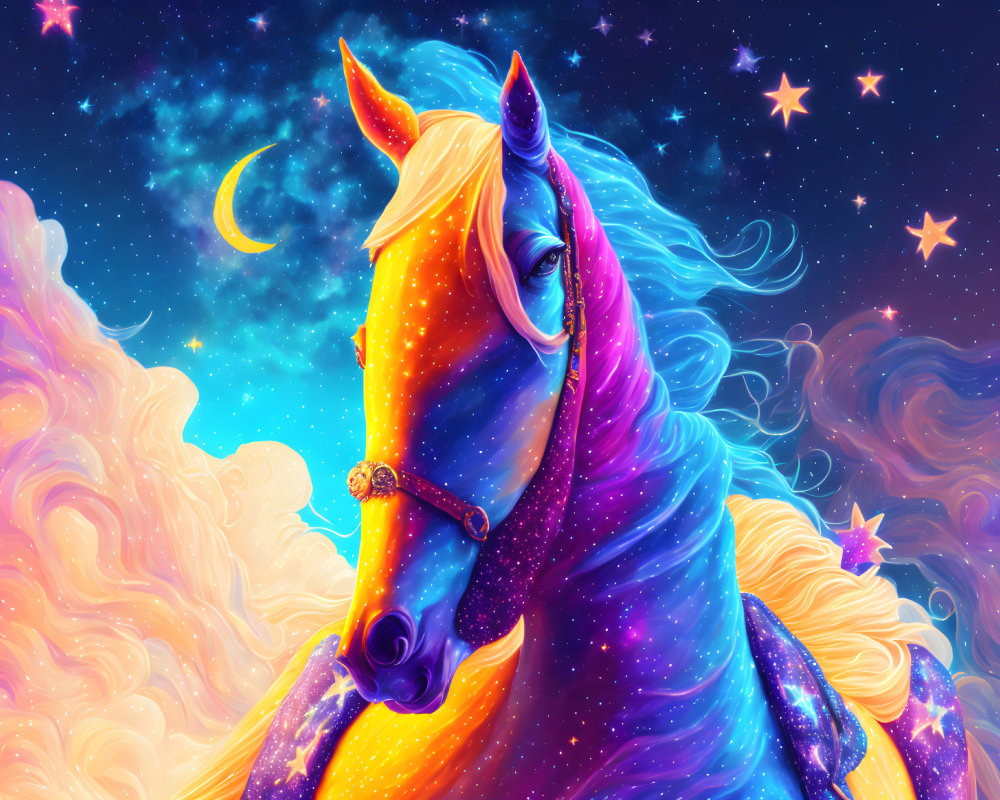 Colorful Cosmic Horse Illustration with Starry Mane and Moonlit Sky