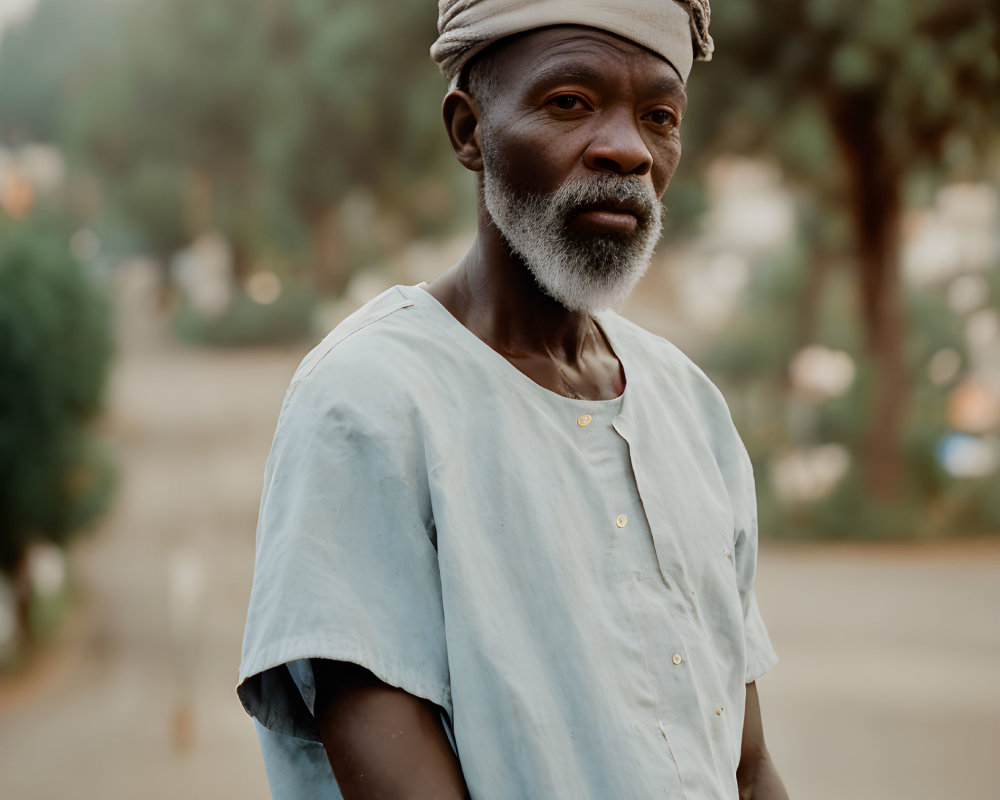 Elderly man with beard in light blue shirt and cap outdoors