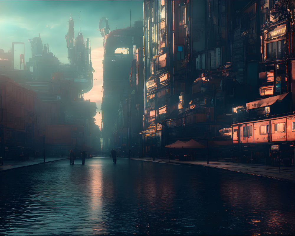 Futuristic cityscape with towering buildings and neon signs at dusk