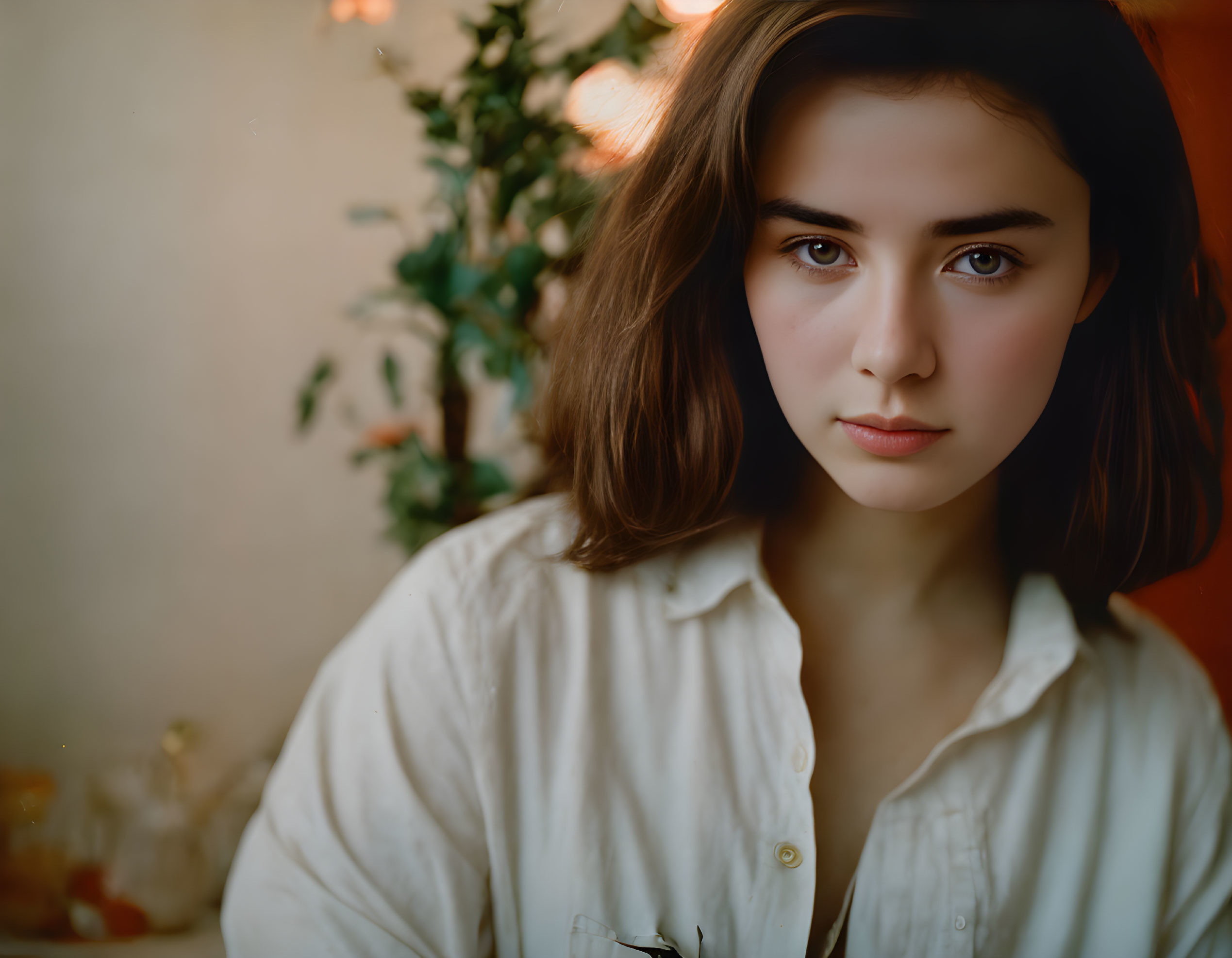 Young woman with short brown hair and blue eyes in white shirt against warm backdrop