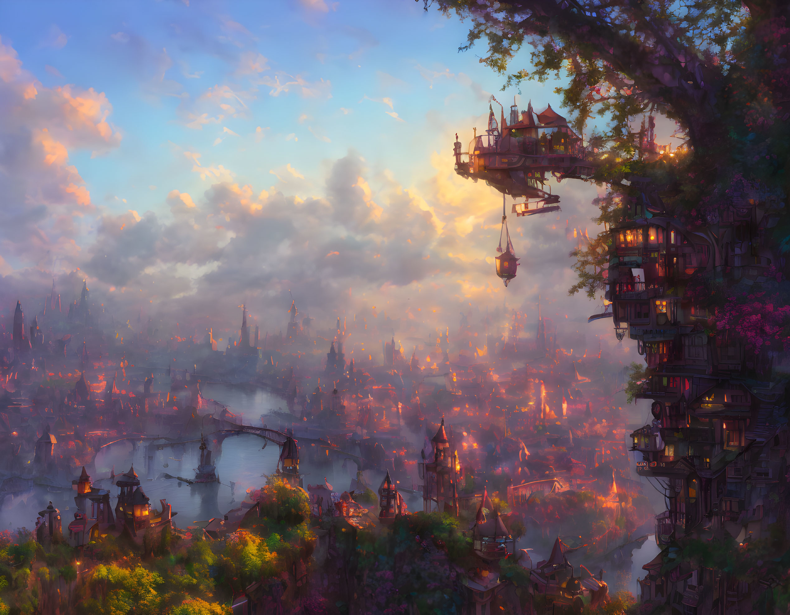 Fantastical cityscape at sunset with lush greenery and floating platforms