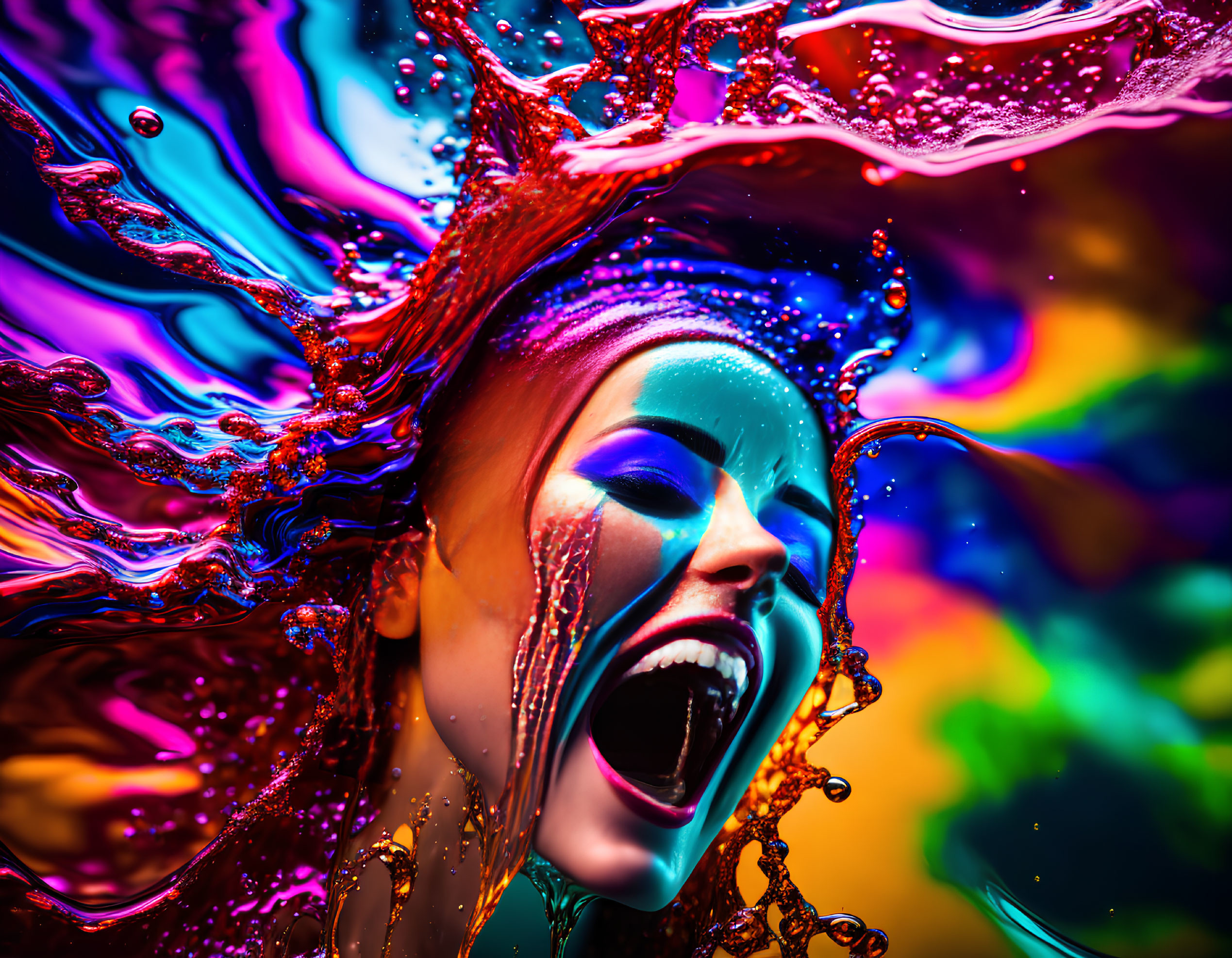 Colorful Liquid Splashes Surrounding Joyful Woman