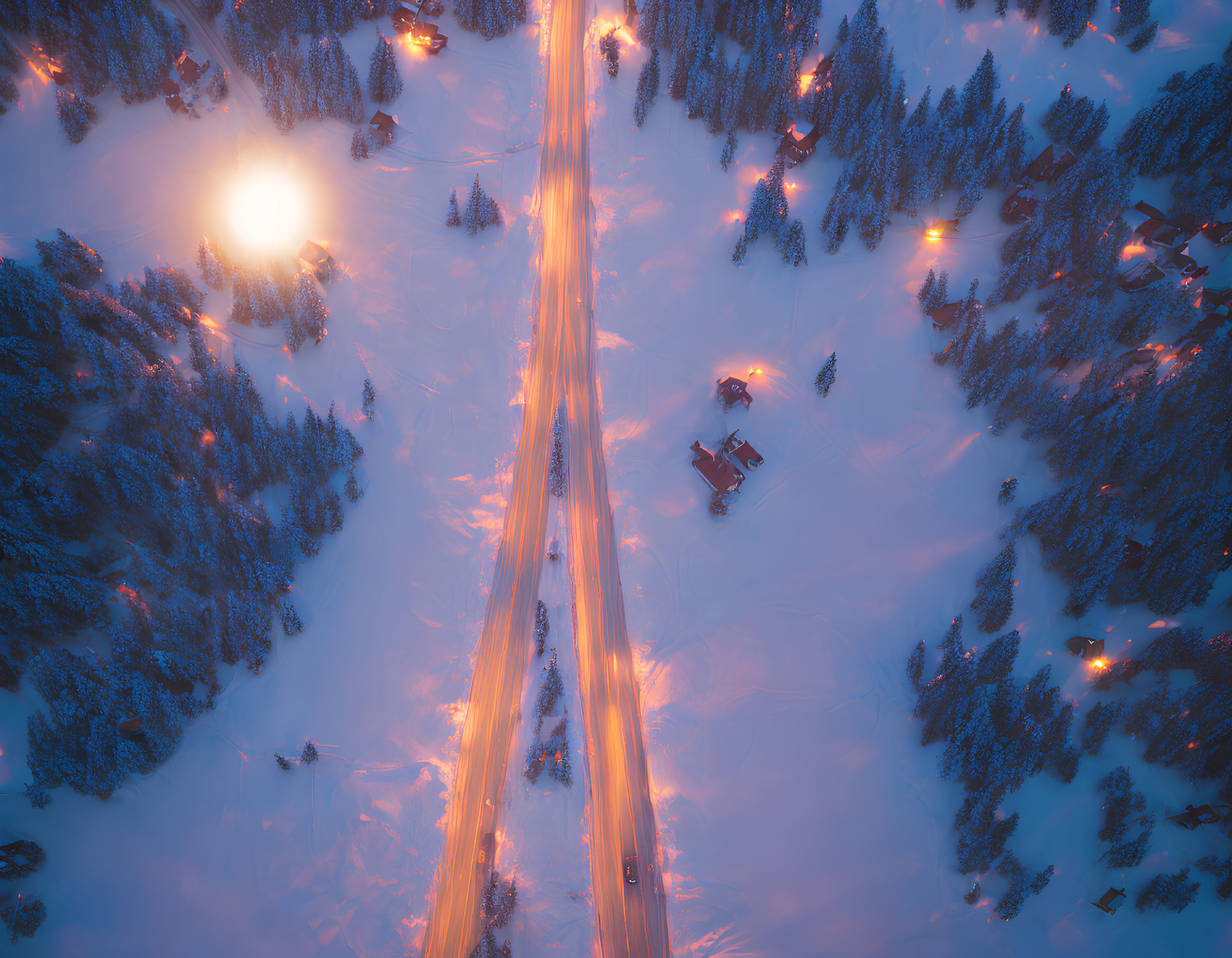 Snowy Landscape at Dusk: Illuminated Roads and Chalets