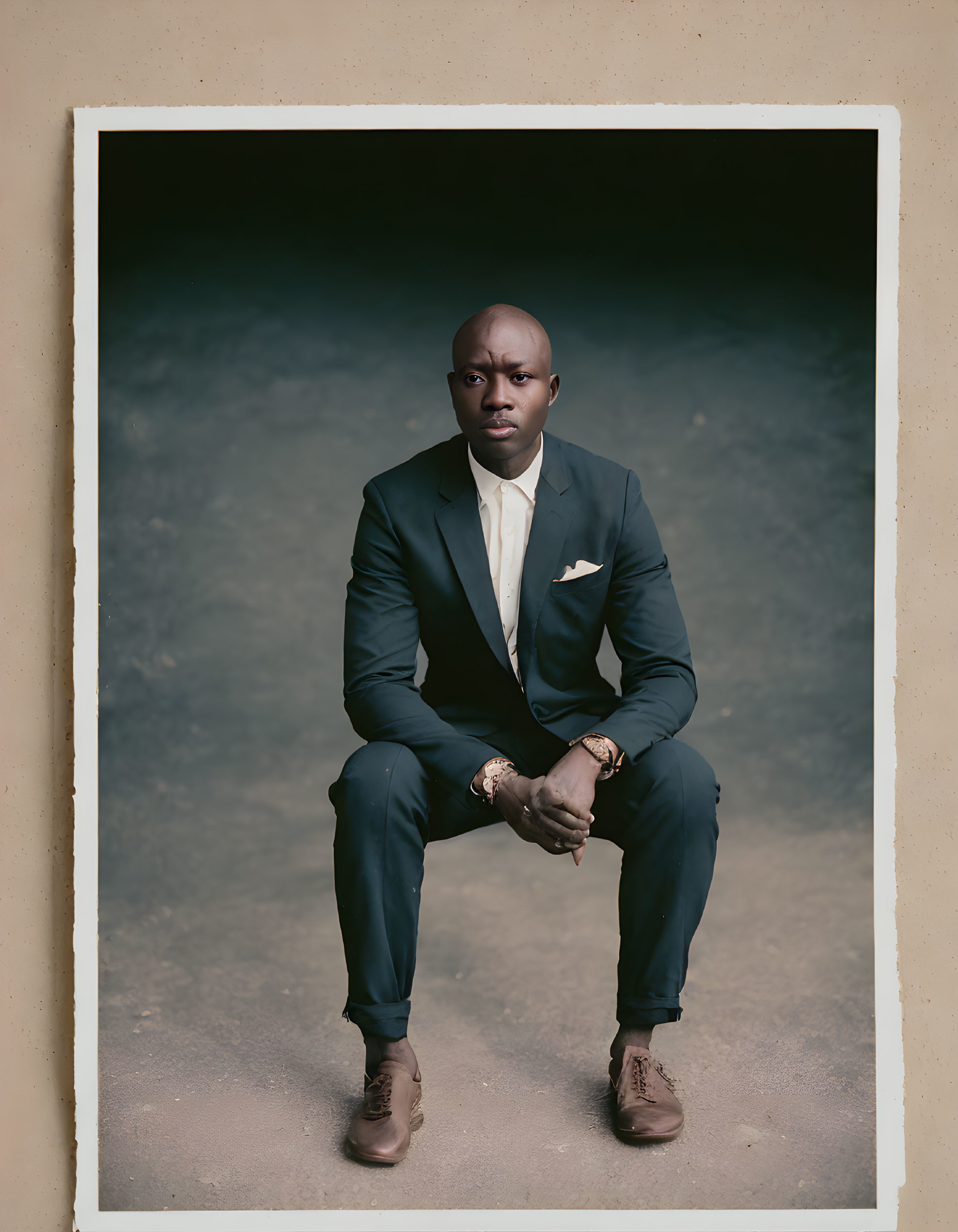 Serious man in dark suit and tie on stool against textured backdrop in vintage beige frame