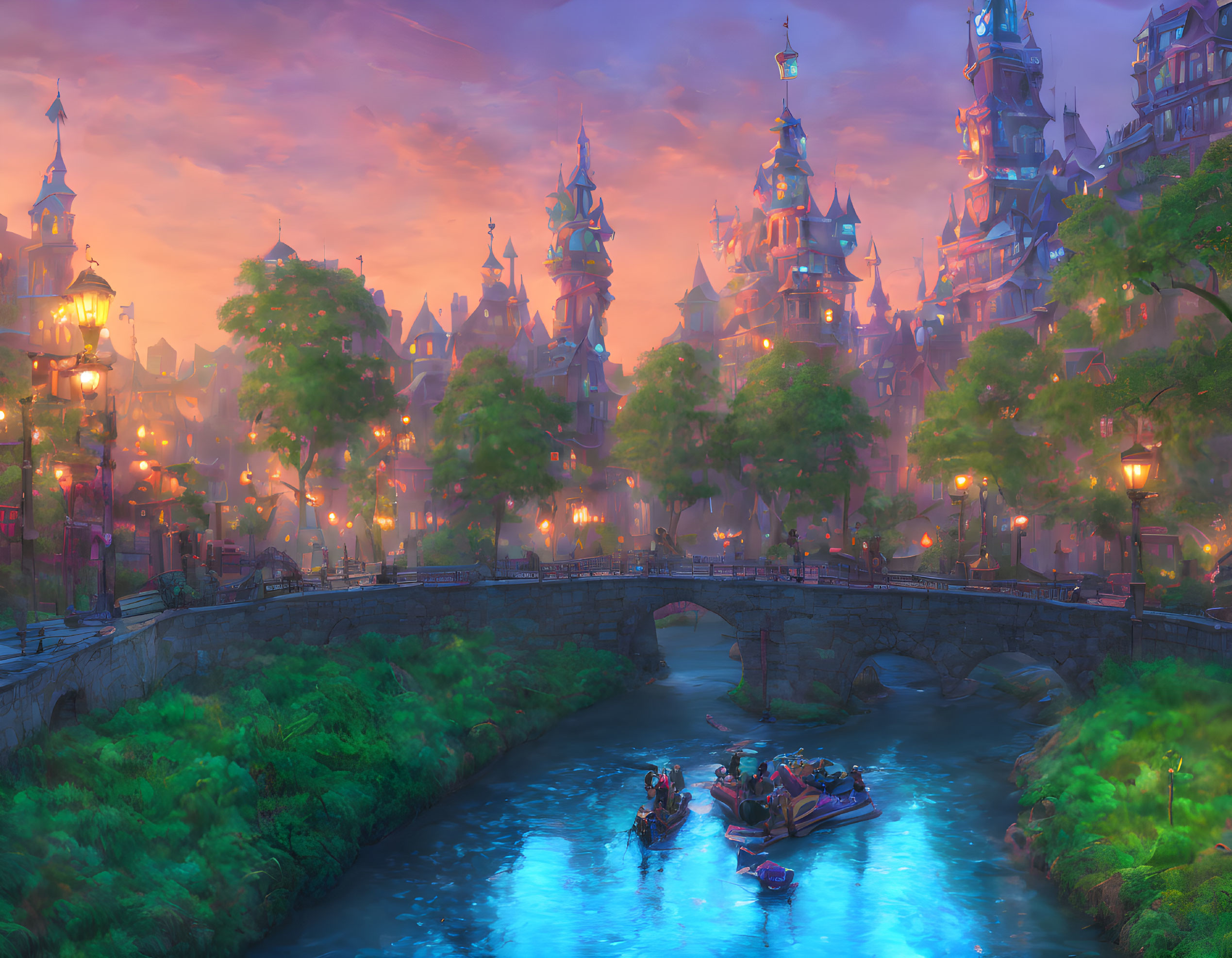 Colorful fantasy cityscape at sunset with whimsical buildings, stone bridge, boats, and glowing lantern