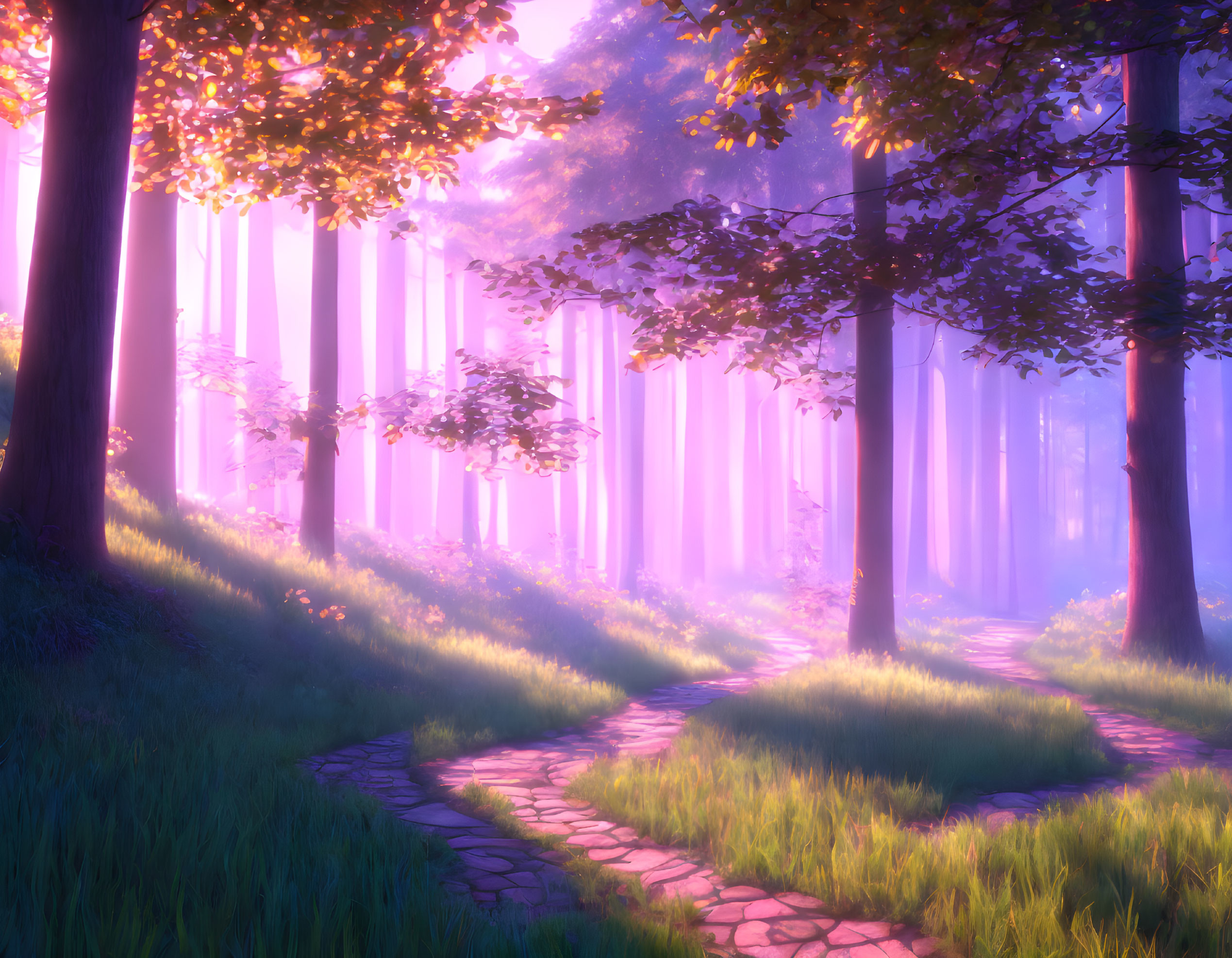 Vibrant forest scene: Sunlit stone path in purple haze among misty trees