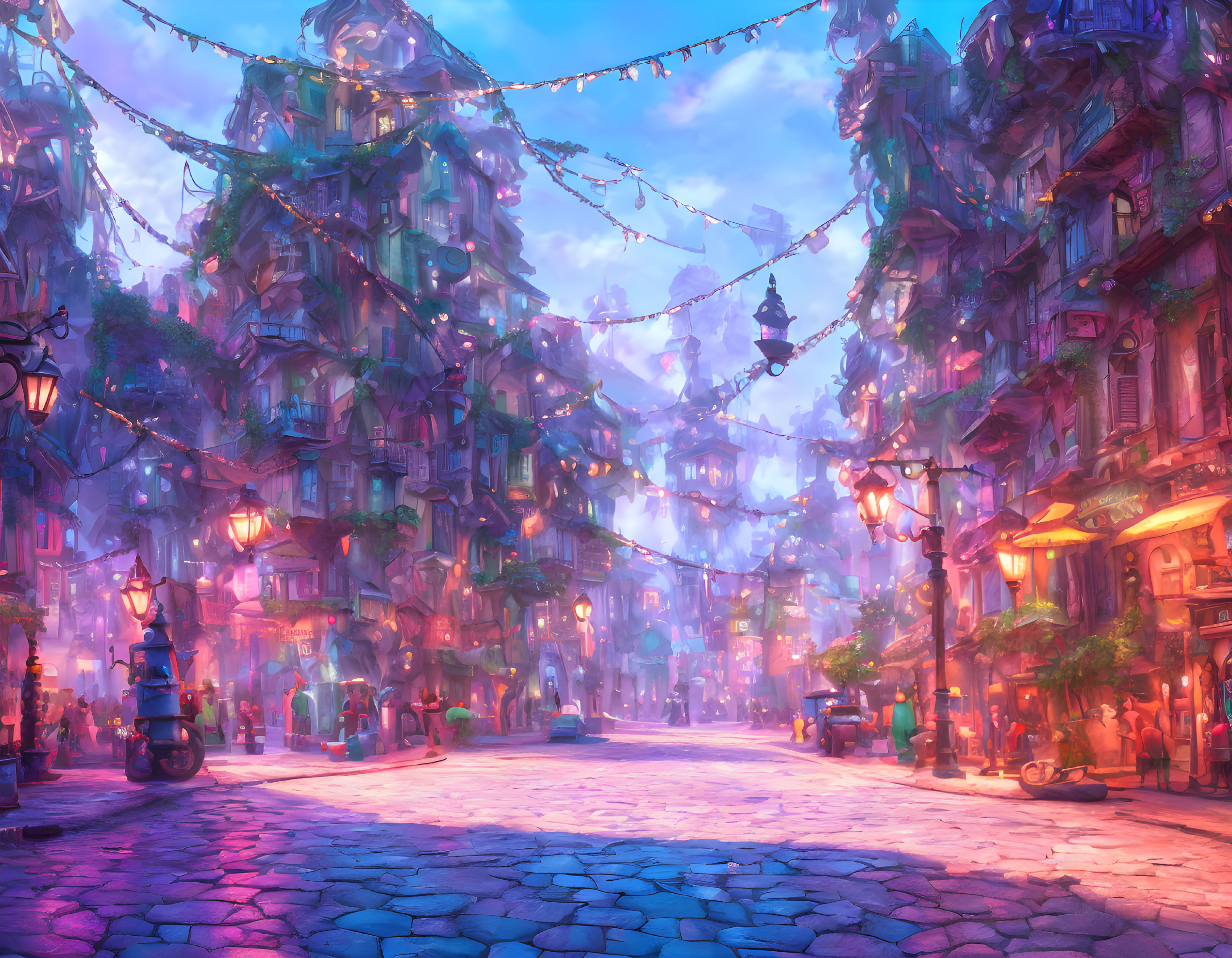 Colorful Dusk Street Scene with Vibrant Buildings & String Lights