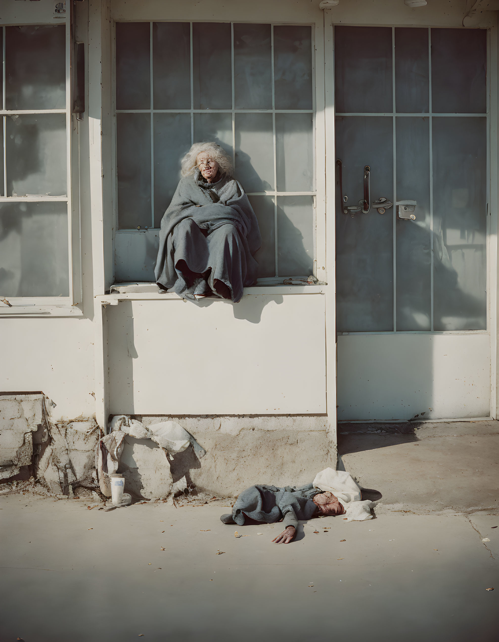 Person wrapped in blanket seated by window, overlooking another person outside building.