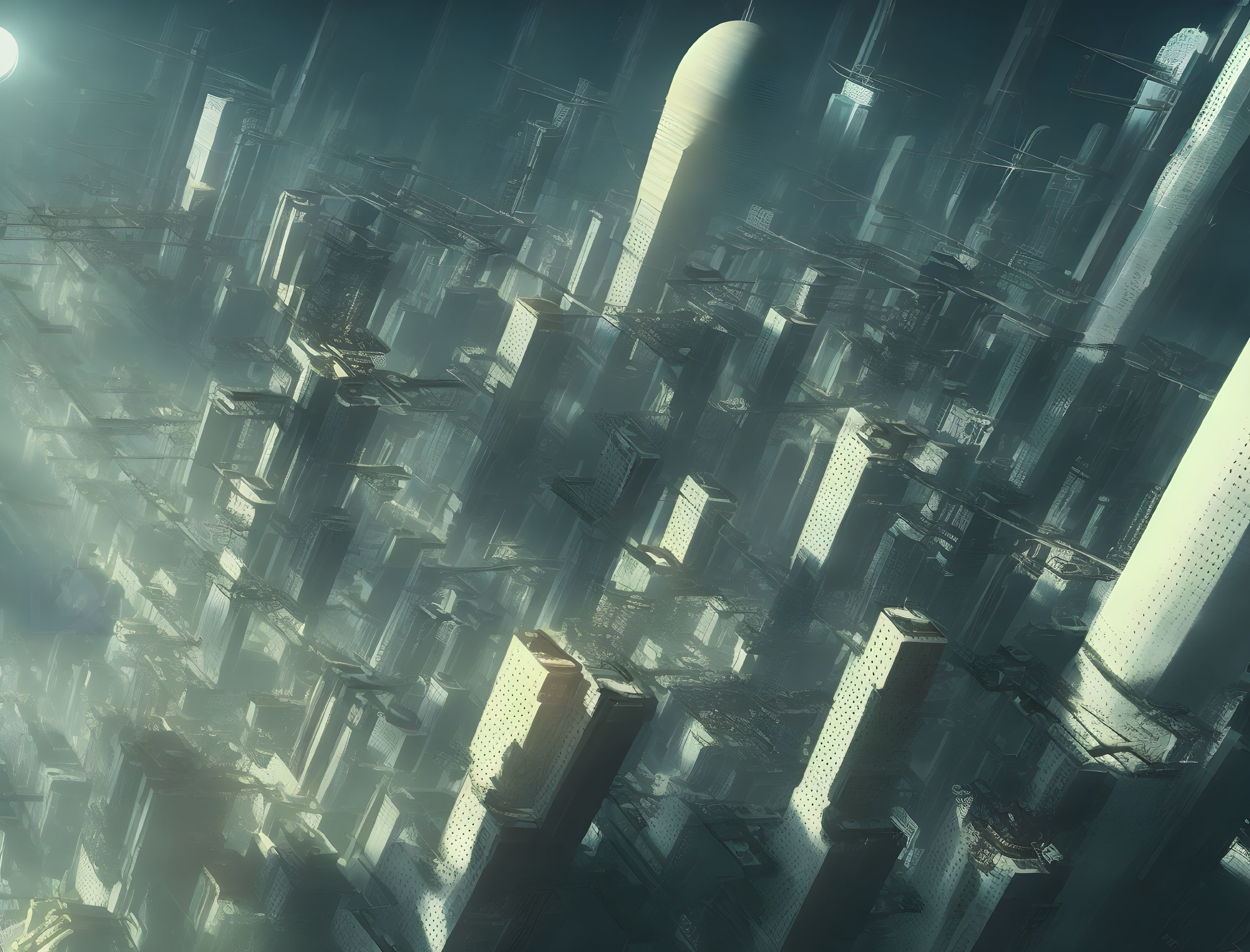 Futuristic cityscape with misty skyscrapers in blue-green light