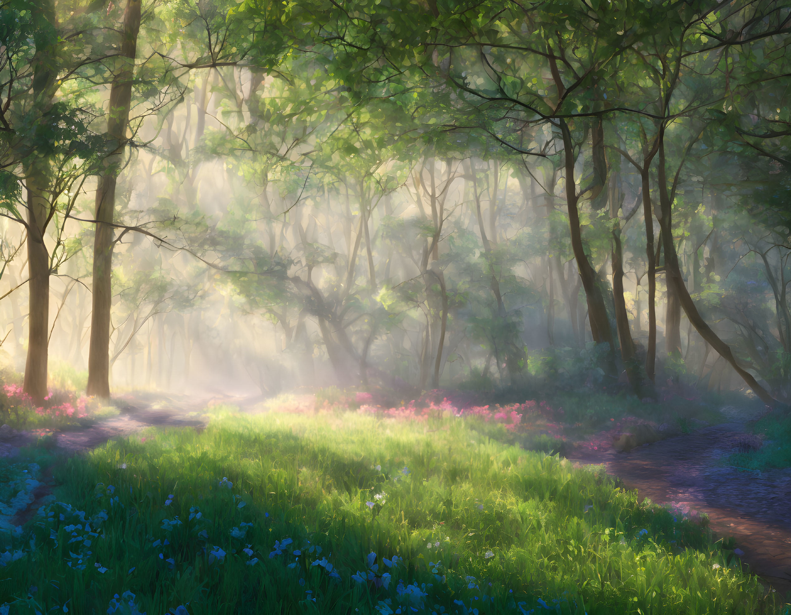 Misty forest with sunlight filtering through green foliage