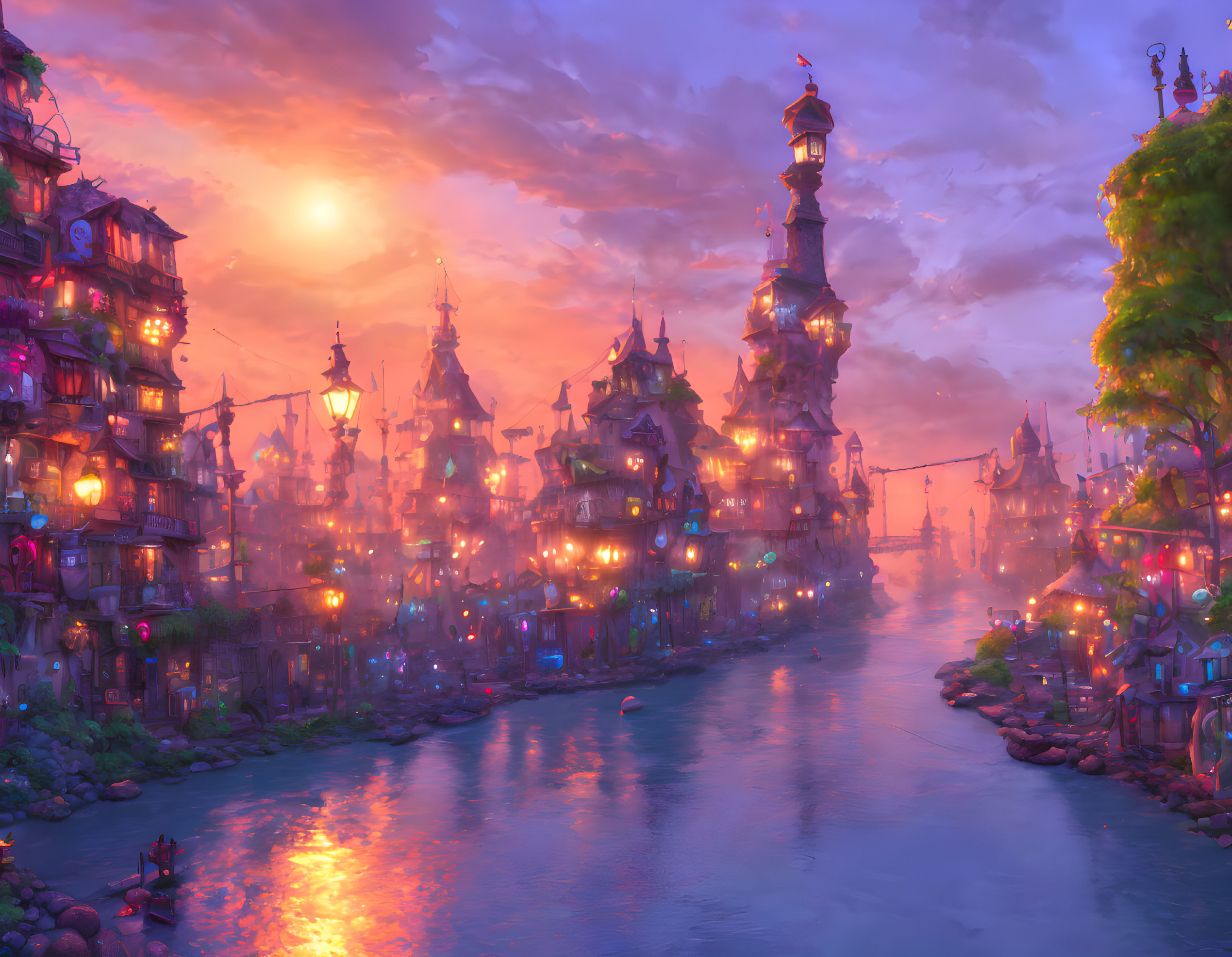 Fantasy cityscape at sunset with whimsical buildings and hanging lanterns