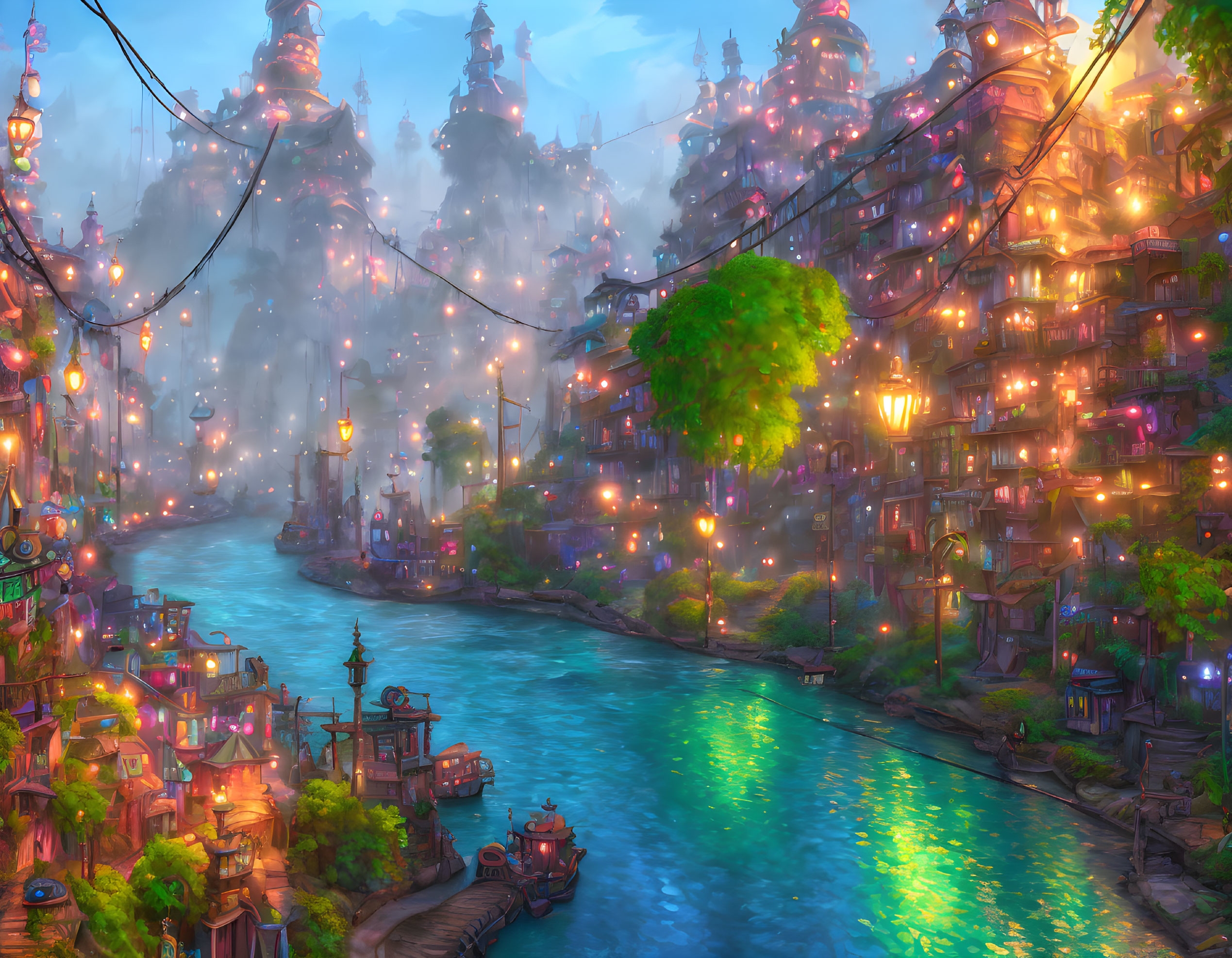 Fantastical cityscape at dusk with glowing lights, towering spires, serene river, and lush