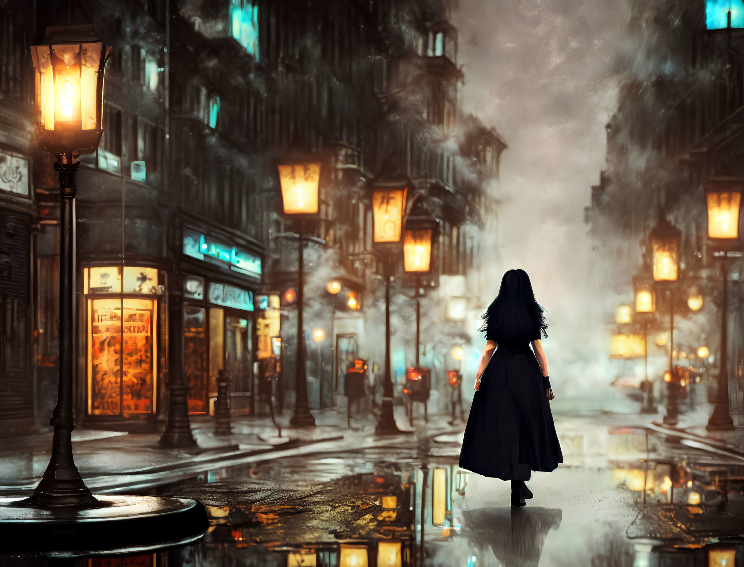 Woman in Black Cape Stands on Rainy Night Street