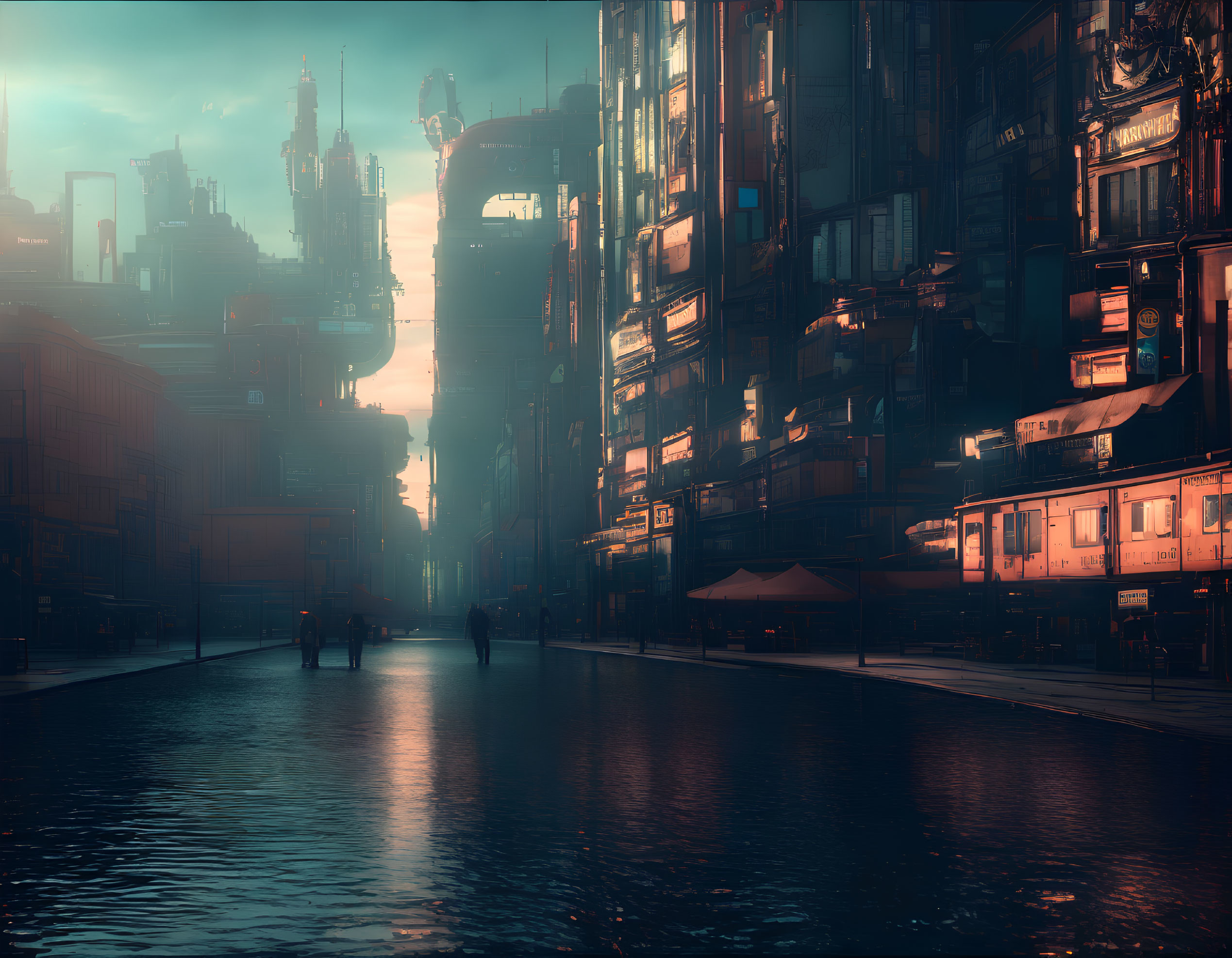 Futuristic cityscape with towering buildings and neon signs at dusk