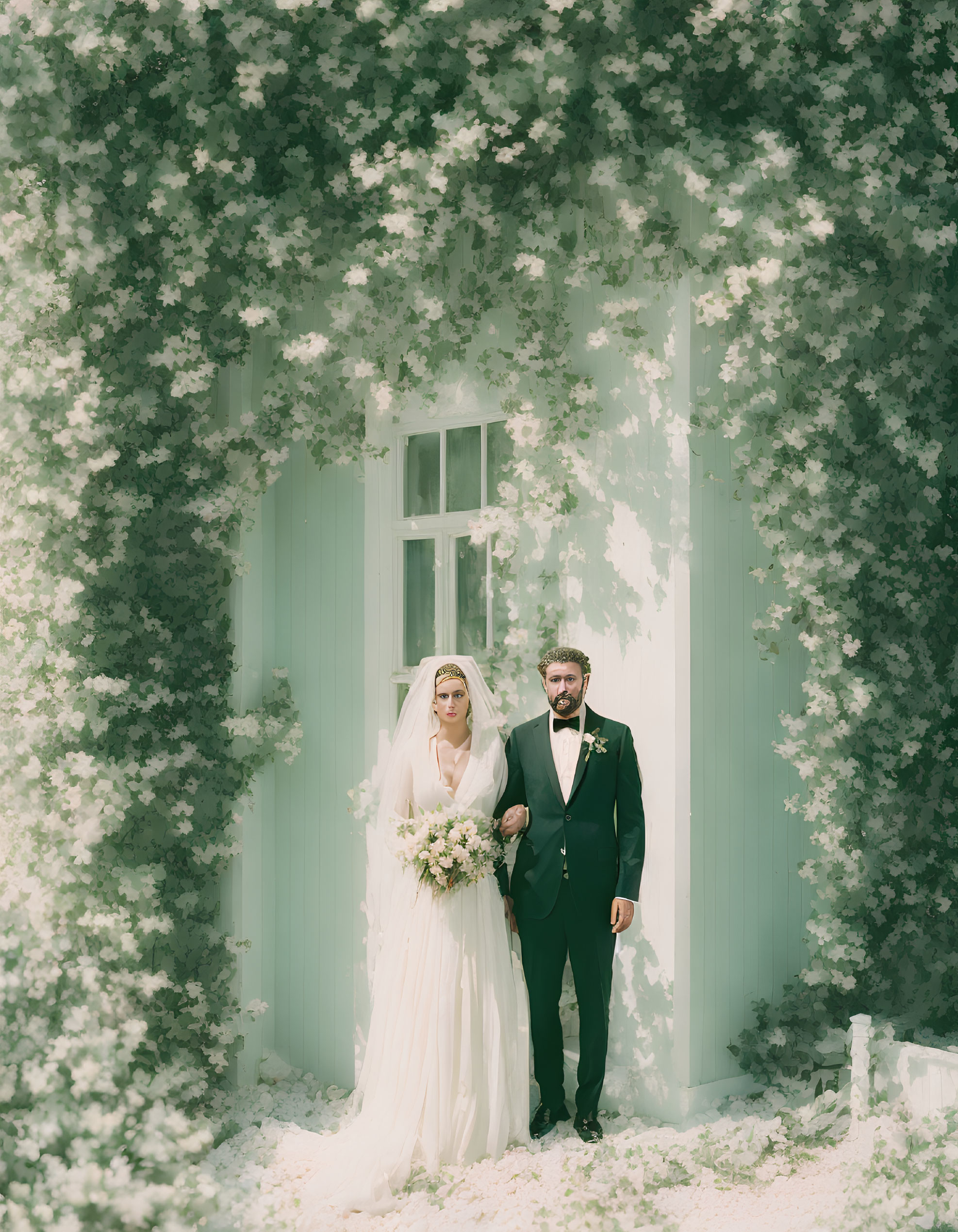 Bride and groom in white gown and black suit by green door with white flowers