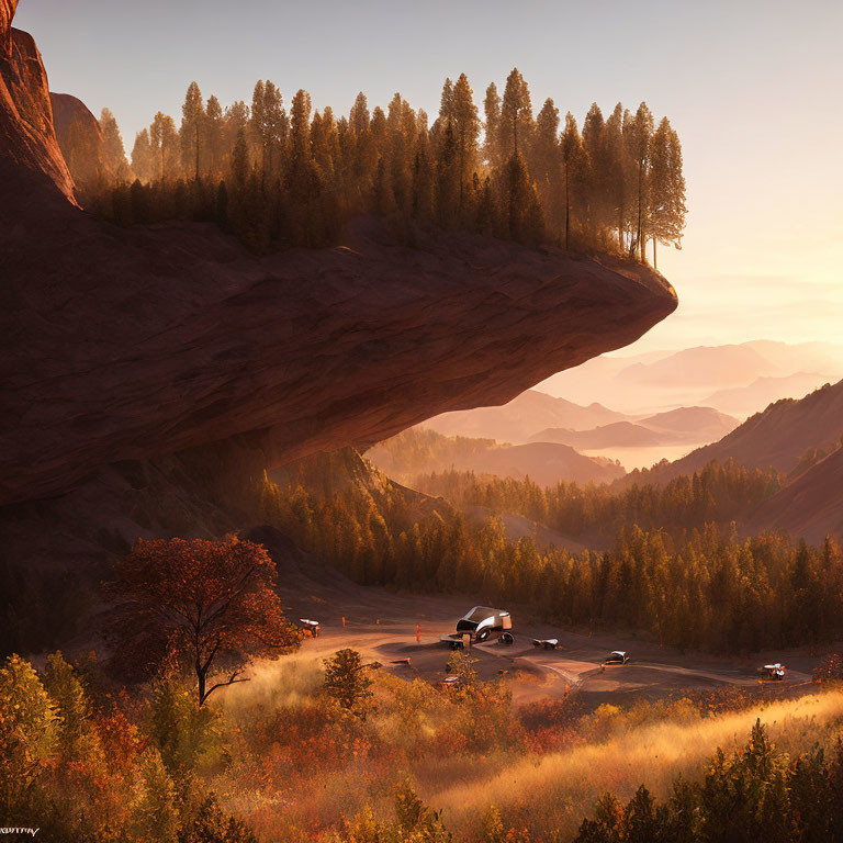 Rock formation with trees overlooking valley at sunset