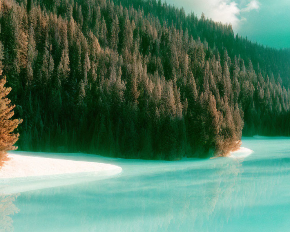 Mist-covered turquoise lake in lush forest under soft light