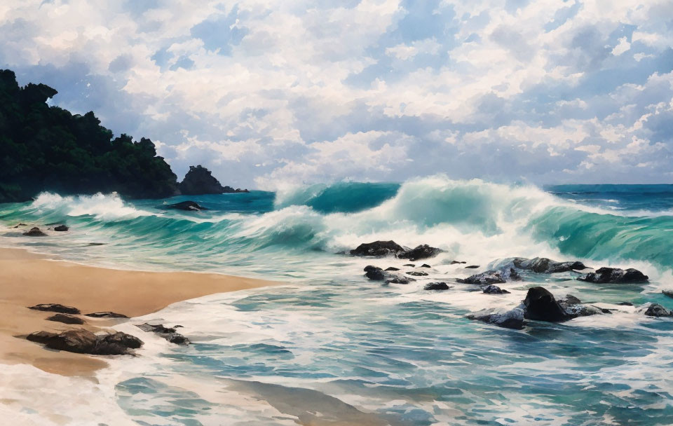 Ocean waves crashing on sandy beach with scattered rocks under cloudy sky