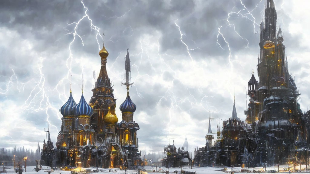 Fantasy cityscape with ornate towers in stormy sky with lightning