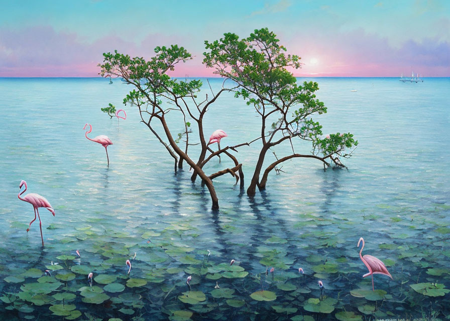 Surreal landscape with pink flamingos, trees, lily pads, ocean, and sunset