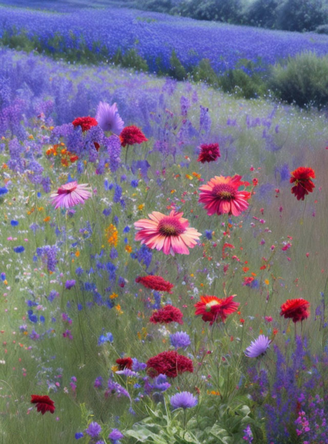 Colorful Wildflower Field in Full Bloom Against Green Backdrop