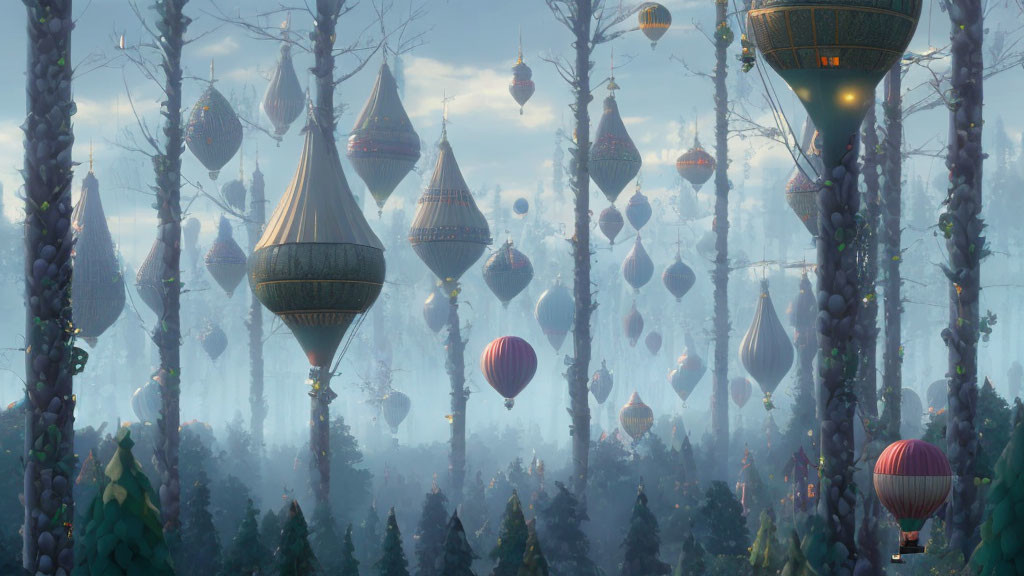 Tranquil forest scene with tall trees and colorful hot air balloons in misty ambiance