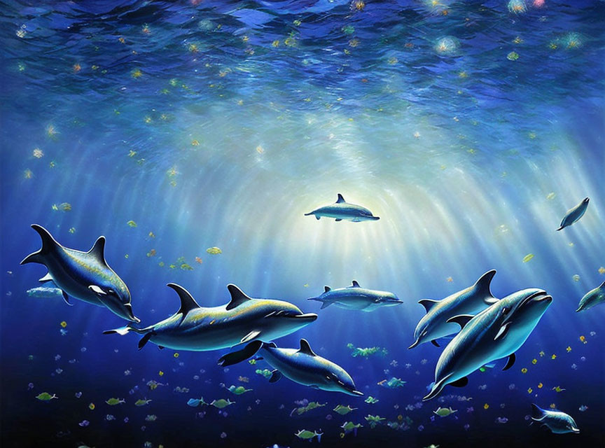 Graceful dolphins swimming underwater with sunlight and fish.