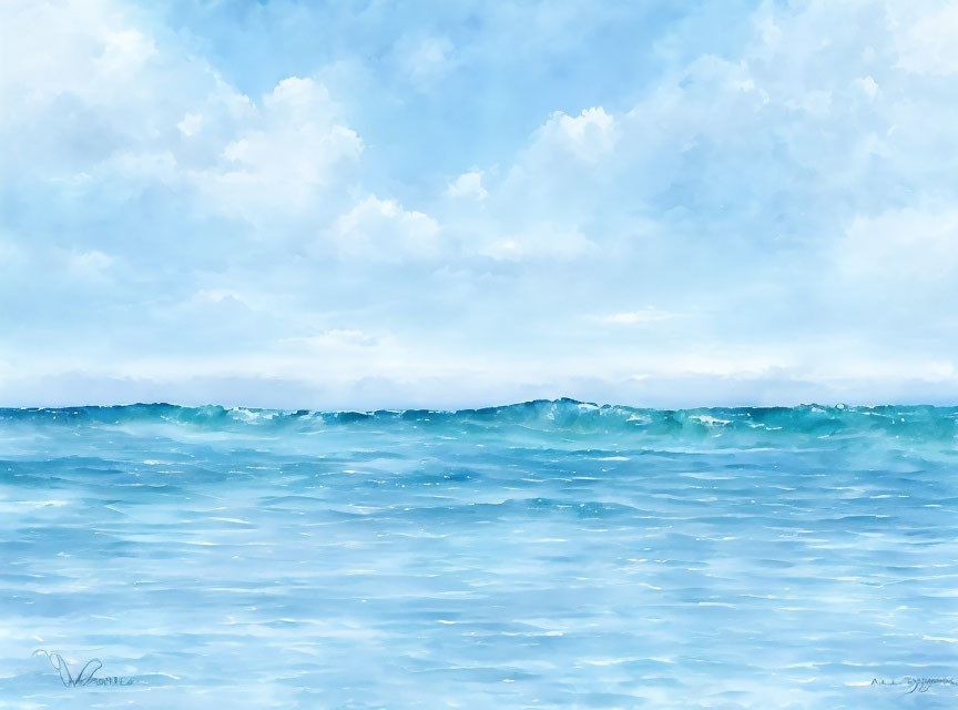 Tranquil watercolor painting of blue ocean and fluffy clouds