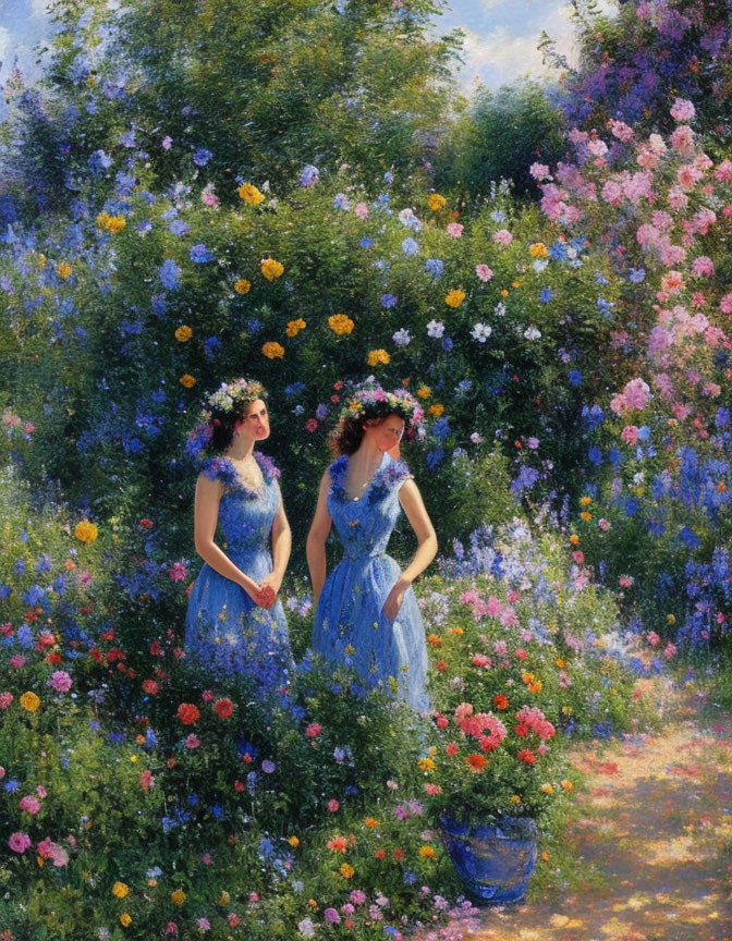 Two Women in Blue Dresses with Flower Crowns in Vibrant Garden