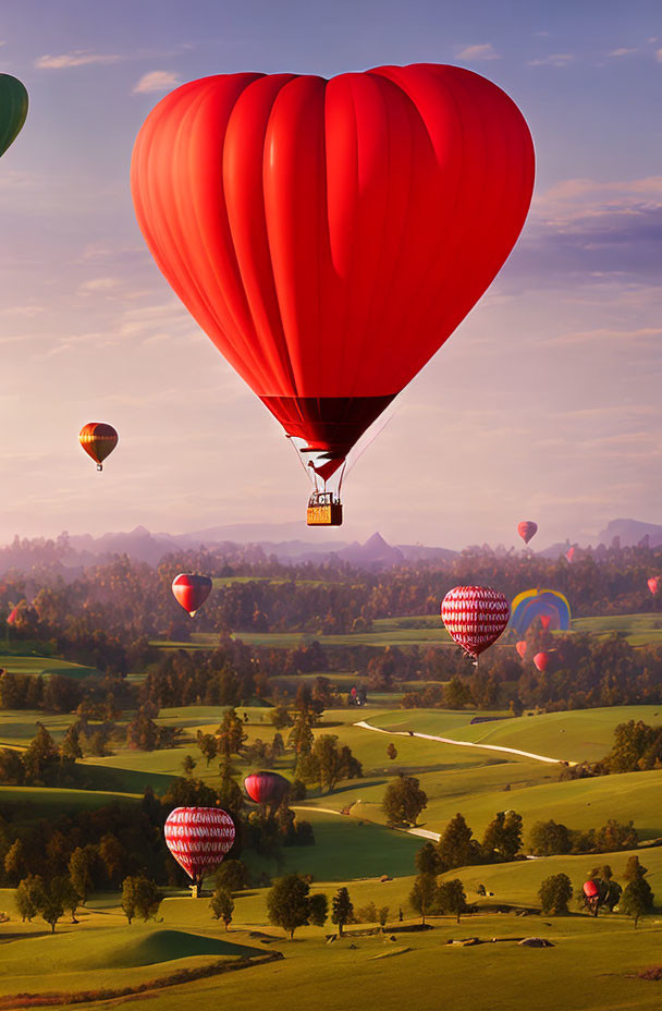 Colorful hot air balloons over green hills at sunrise or sunset