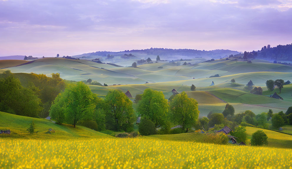 Green fields, trees, and wildflowers in misty morning landscape