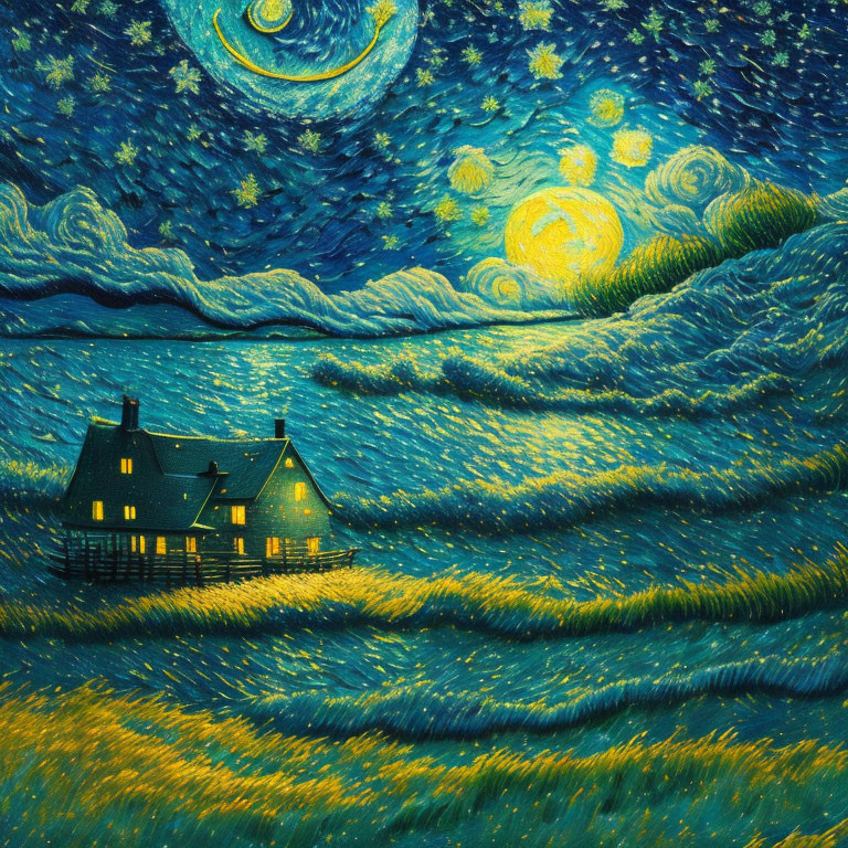 Vibrant painting of starry night sky with crescent moon and illuminated house