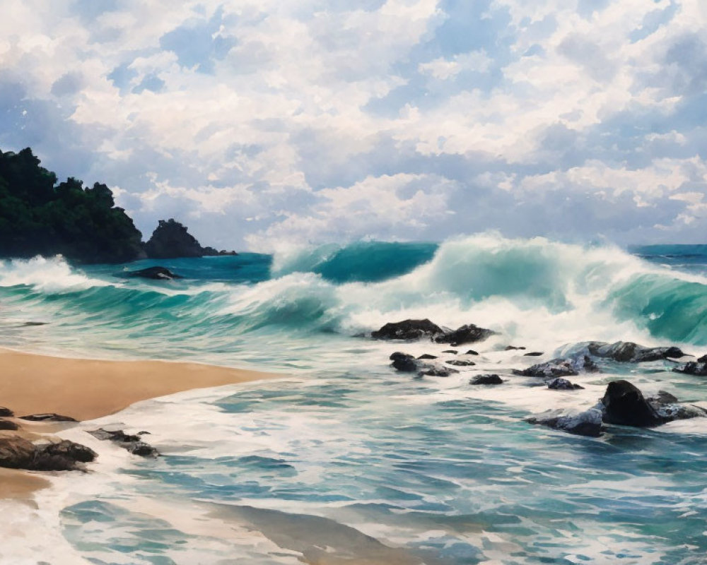 Ocean waves crashing on sandy beach with scattered rocks under cloudy sky