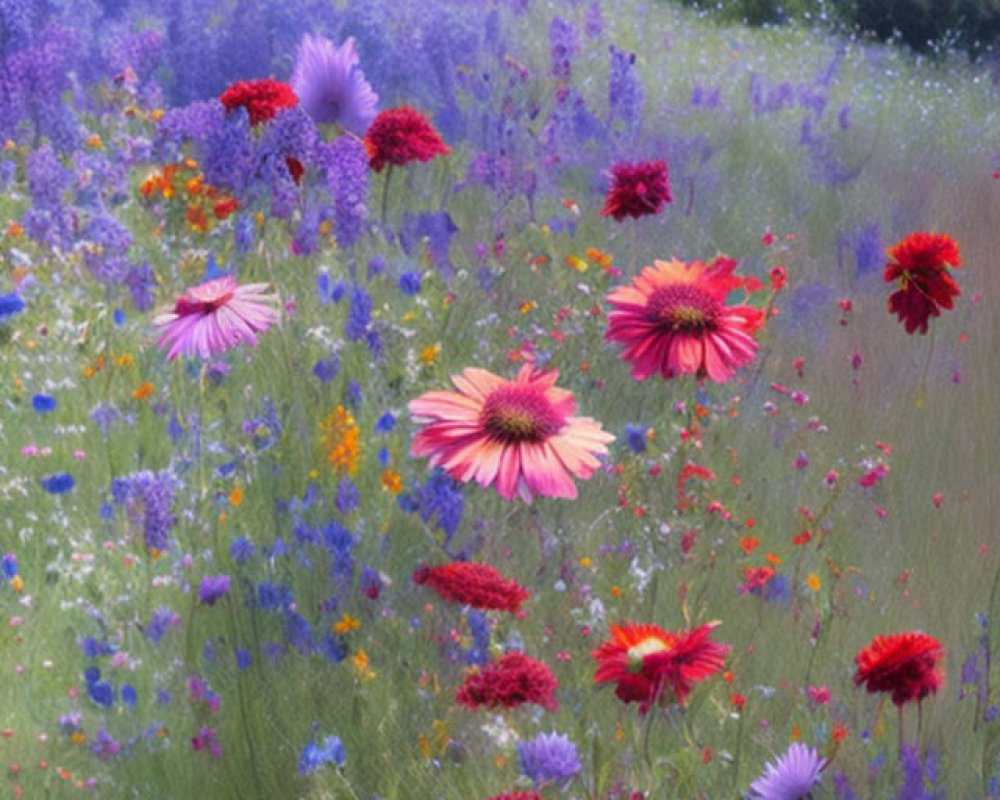 Colorful Wildflower Field in Full Bloom Against Green Backdrop