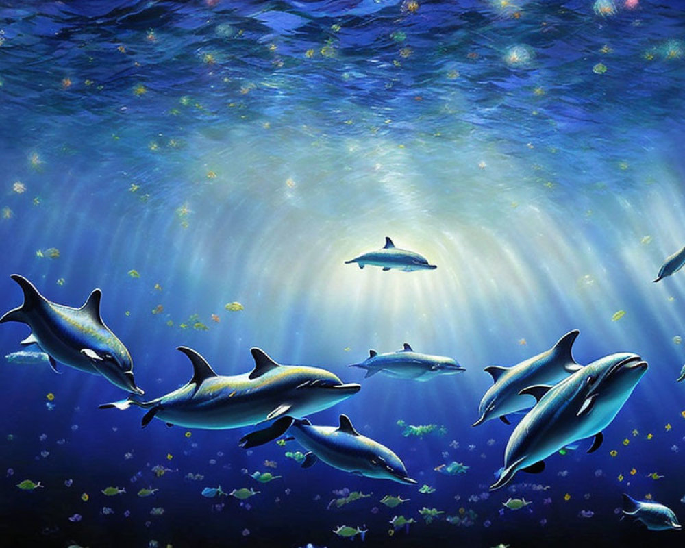 Graceful dolphins swimming underwater with sunlight and fish.