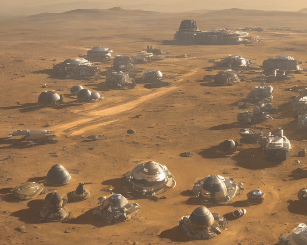 Martian colony with dome-like structures on dusty landscape