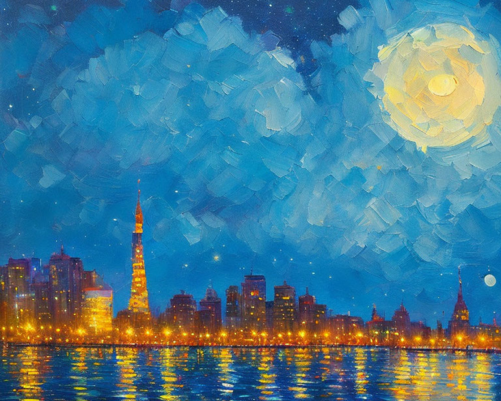 City skyline painting at night with illuminated tower, moon, and starry sky