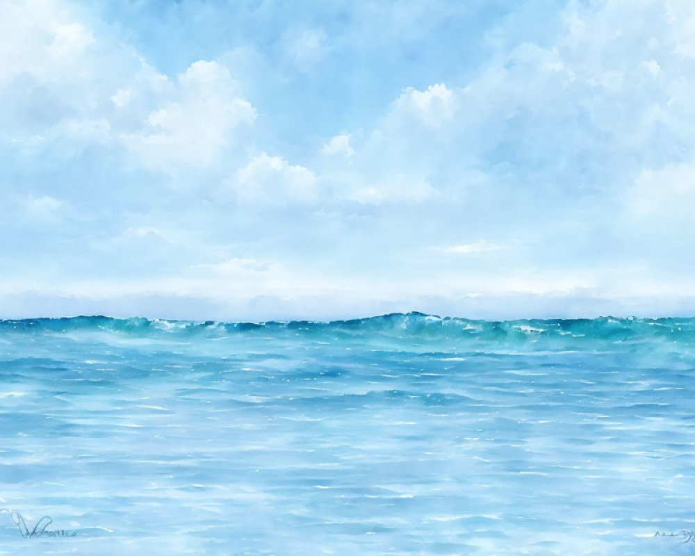 Tranquil watercolor painting of blue ocean and fluffy clouds