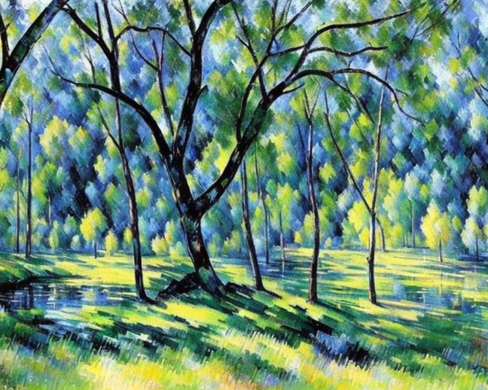 Tranquil forest scene with lush green trees and dappled sunlight